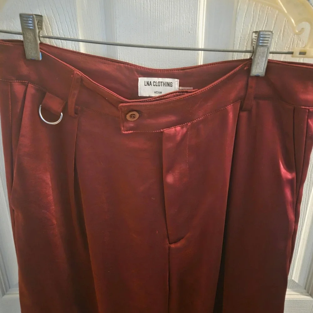 LNA Clothing The Lou Burgundy Satin Wide Leg Cargo Pocket Pants Wine Red Medium
